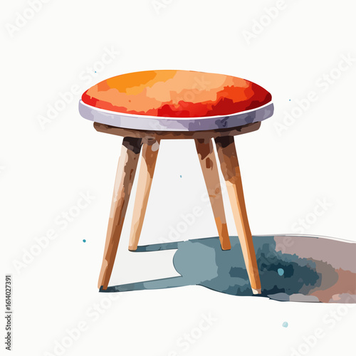 Watercolor style illustration of a round wooden stool with a vibrant orange padded seat.