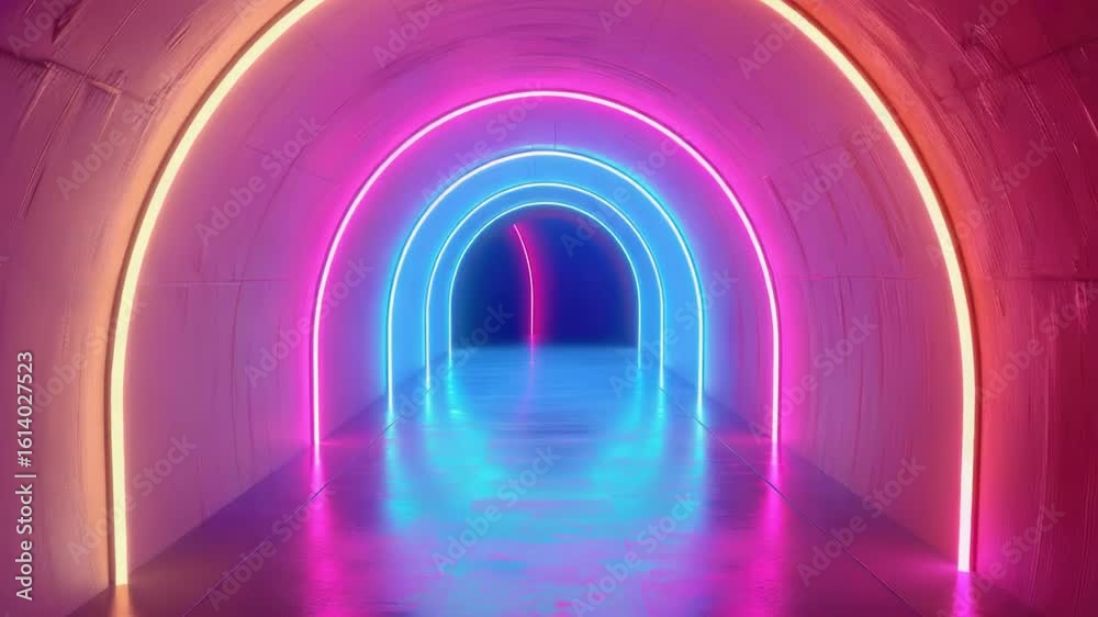 Brightly lit interior of a tunnel with vibrant neon lights Brightly lit interior of a tunnel with vibrant neon lights