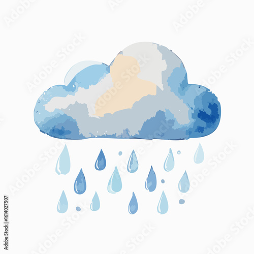 Stylized blue and grey watercolor rain cloud with falling teardrop-shaped raindrops.