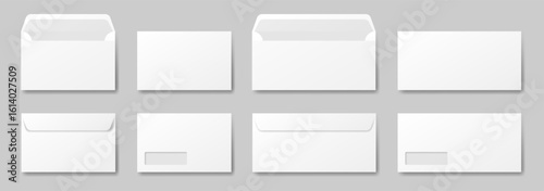 White envelope mockup. Front and back side. Open and closed envelopes. Business correspondence. Address window. Small and large sizes
