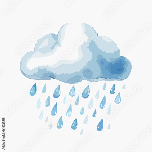 Artistic watercolor illustration of a fluffy blue rain cloud with falling teardrop raindrops.