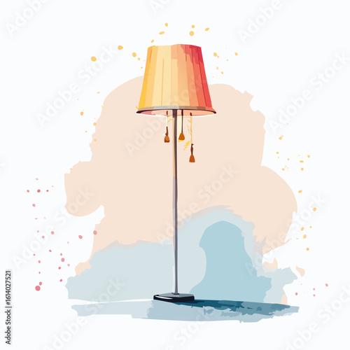 Elegant floor lamp with a warm-toned pleated shade and pull tassels in a watercolor style.