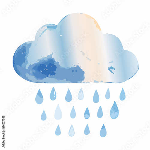 Artistic watercolor illustration of a blue and orange rain cloud with falling raindrops.