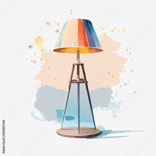 Artistic watercolor illustration of a tripod floor lamp with a colorful striped shade.