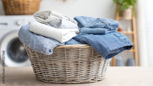 Laundry basket filled with neatly folded clothes, including denim and cotton items, placed on a wooden table in a bright, modern laundry room with washing machine in background