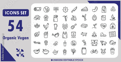 Organic Vegan Line Icon. Editable Minimalist Icons for Plant-Based Lifestyle, Food & Sustainability