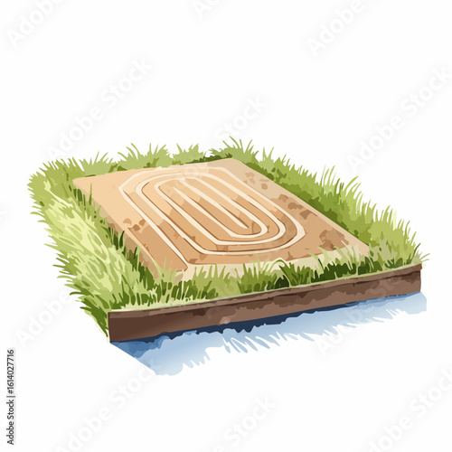 Watercolor illustration of an underfloor heating system with coiled pipes set in a concrete slab surrounded by grass.