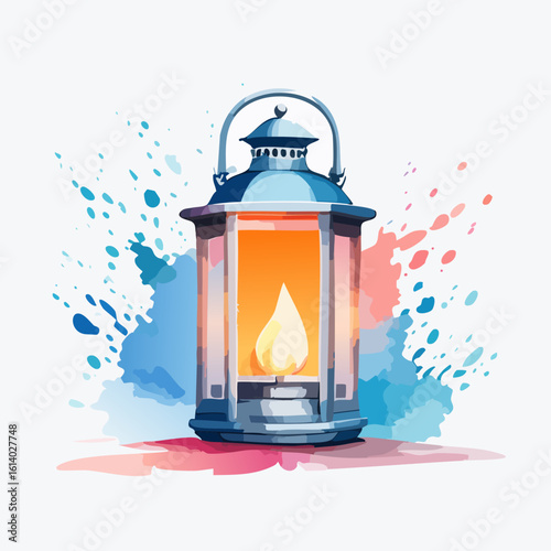 Blue metal lantern with a glowing candle flame and crescent moon detail, watercolor style illustration.