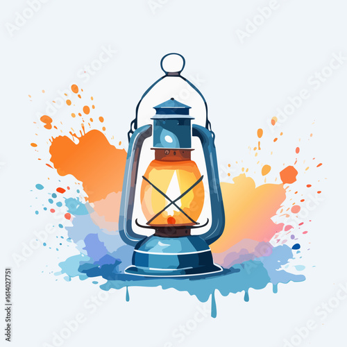 Vibrant watercolor illustration of a classic blue kerosene lantern with a warm, glowing flame and artistic paint splatters.