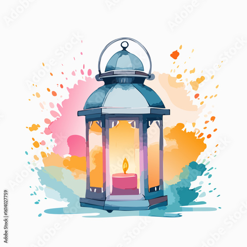 Ornate blue lantern with a lit pink candle, painted in a vibrant watercolor style with a warm yellow glow.
