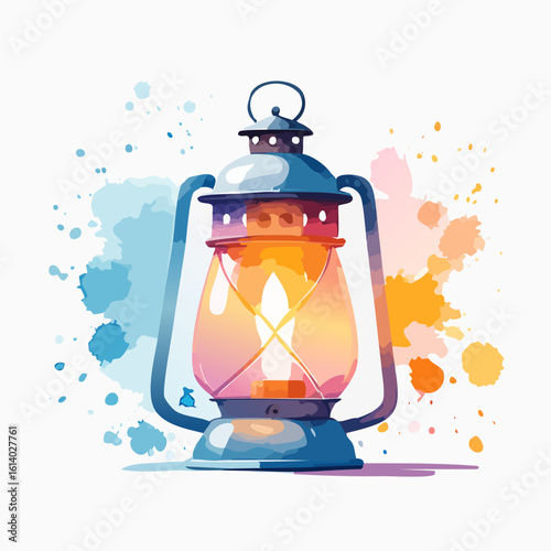 A classic blue hurricane lantern with a warm glowing flame, depicted in a vibrant and artistic watercolor style.