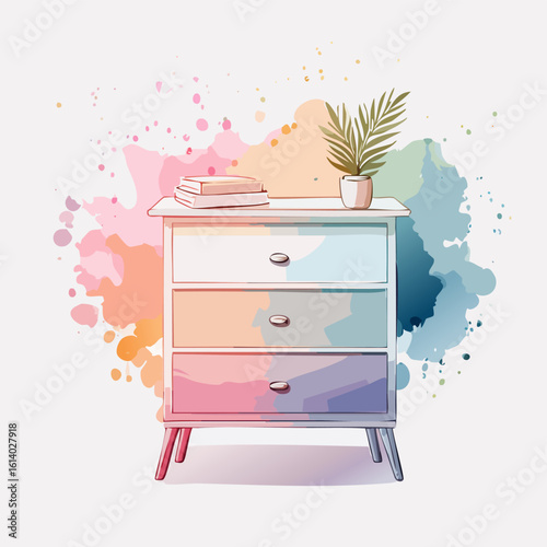 Stylish watercolor dresser with three pastel-colored drawers, books, and a small potted plant.