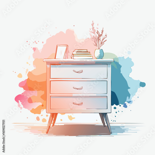 A stylish white mid-century modern dresser with books and a vase, rendered in a delicate watercolor and line art style.