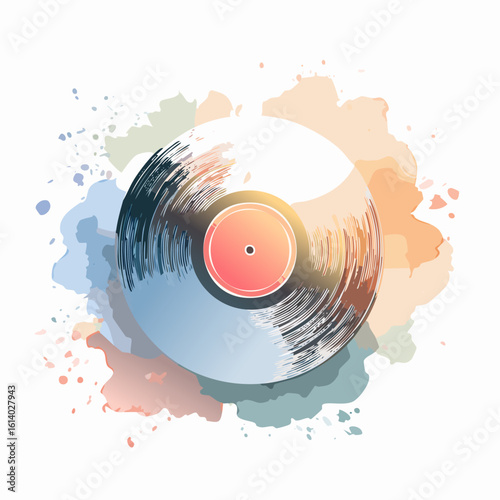 Stylized vinyl record illustration with colorful watercolor splashes and light reflections.