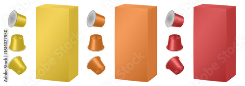 Set of teal yellow, orange and red coffee capsules and cardboard packaging. Realistic packaging mockup of a box