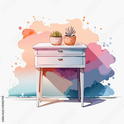 Watercolor illustration of a white two-drawer nightstand with two potted succulents on top.