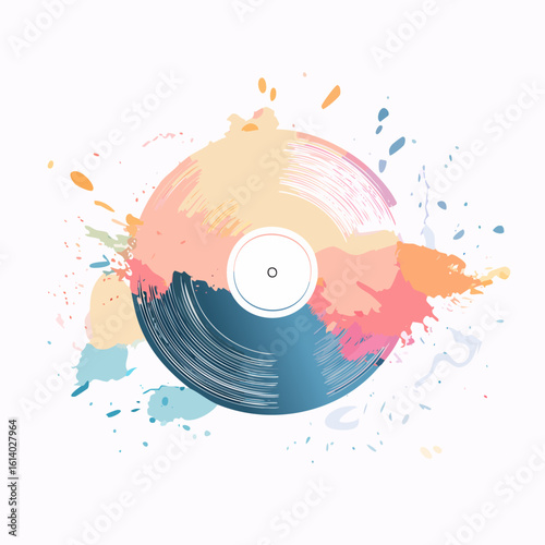 Artistic vinyl record illustration with colorful abstract paint splatters and brushstrokes.