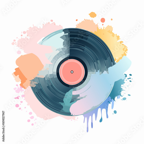 Creative black vinyl record illustration with colorful, dripping paint splashes and a pink center label.