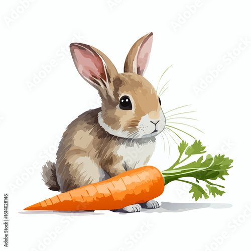 Charming brown watercolor bunny rabbit sitting beside a large, fresh orange carrot.
