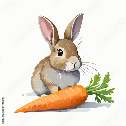 Cute brown bunny rabbit with big eyes sitting next to a fresh orange carrot.