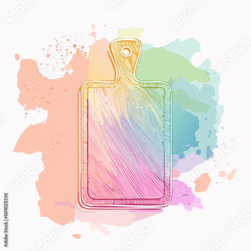 Hand-drawn wooden cutting board with a vibrant pastel rainbow watercolor texture.