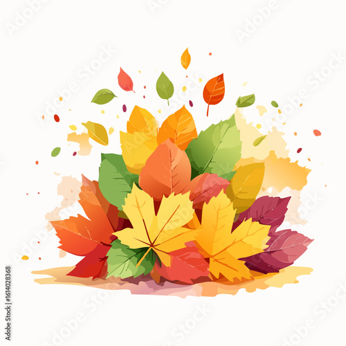 Colorful pile of stylized autumn leaves in yellow, orange, red, and green, with falling foliage and watercolor splashes.