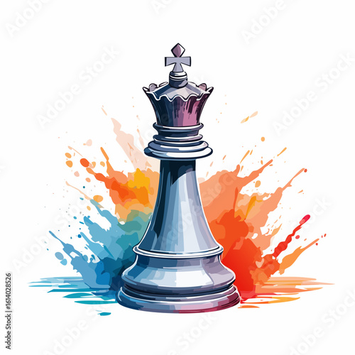 Stylized silver chess king illustration with a cross finial and vibrant watercolor paint splashes.