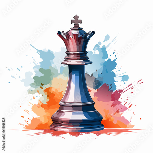 A stylized black chess queen with a metallic sheen, featuring a crown and cross, depicted in a vibrant watercolor illustration style.
