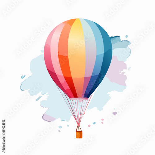 Vibrant watercolor-style hot air balloon with colorful vertical stripes and a small basket.