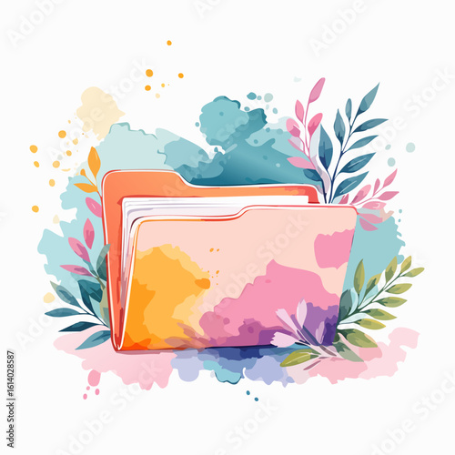 Vibrant watercolor file folder with papers, adorned with colorful splashes and delicate floral leaves.