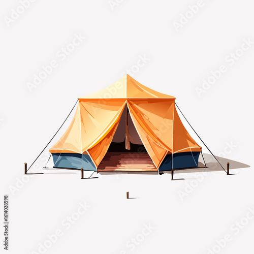 Classic orange and blue canvas camping tent with open flaps, guy lines, and stakes.