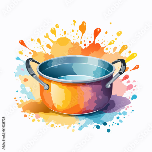 Vibrant watercolor stockpot with a metallic interior and colorful splashes of paint.