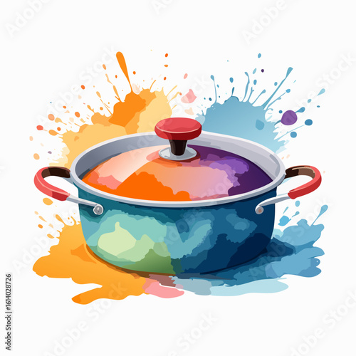 Artistic watercolor cooking pot with vibrant blue, orange, and purple hues.