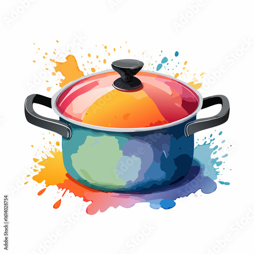 Vibrant watercolor stockpot with a colorful lid and artistic paint splatters.