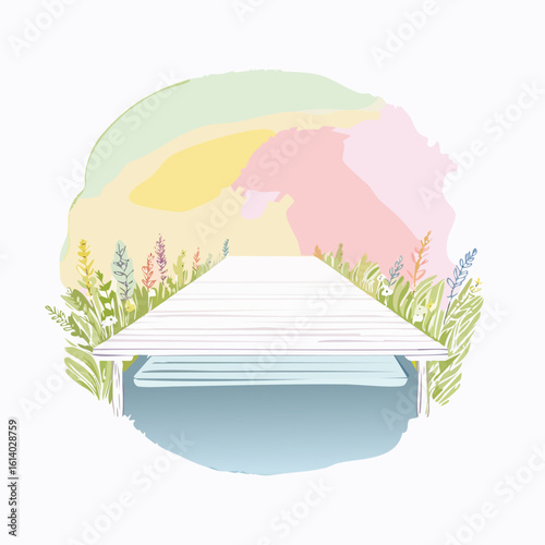 Serene white wooden pier amidst colorful wildflowers and a soft pastel landscape.