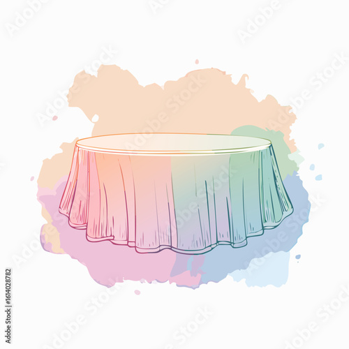 Hand-drawn round table with a long, draped tablecloth featuring a soft pastel watercolor gradient.