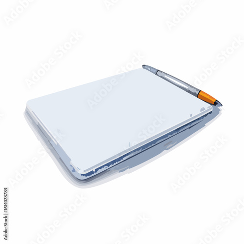 Stylized illustration of a blank writing pad with a gray and orange ballpoint pen, ready for notes.