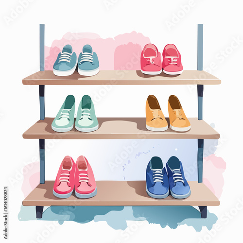 A three-tier wooden shoe rack displaying a collection of six pairs of colorful, stylized sneakers.