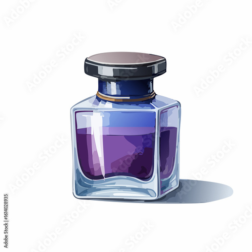 Stylized illustration of a square glass inkwell filled with deep violet ink and a dark cap.