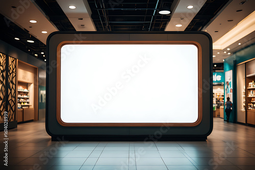 Blank billboard display stands indoors with a bright screen on a shopping mall concourse floor