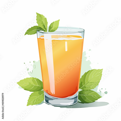 A tall, clear glass of vibrant orange and yellow juice, garnished with fresh green mint leaves, in a clean, stylized illustration.