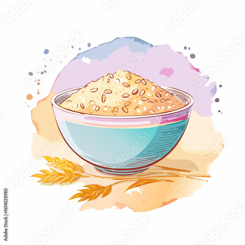 Stylized watercolor illustration of a light blue bowl filled with oatmeal flakes and golden wheat stalks.