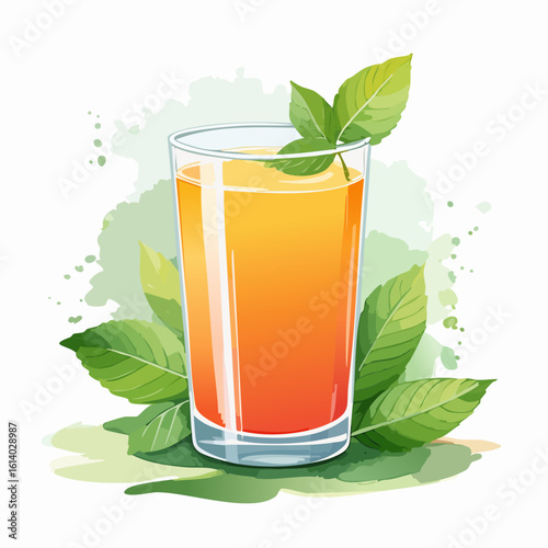 Vibrant orange fruit juice in a clear glass, garnished with fresh green mint leaves, watercolor style.