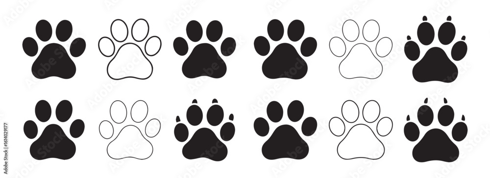 Fototapeta premium Collection of Cat Paw Prints in Solid and Outline Styles for Pet Lovers and Craft Projects