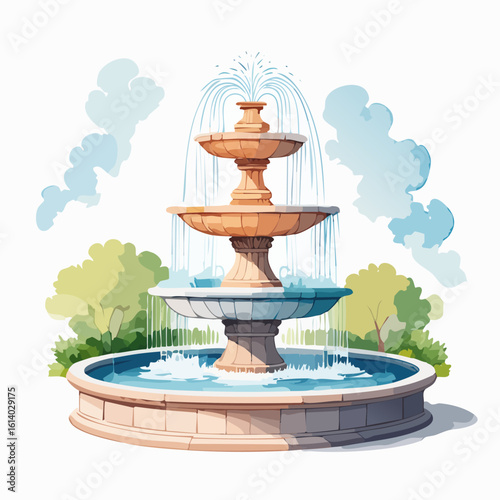 Classic three-tiered stone water fountain with terracotta and blue bowls, illustrated in a watercolor style.