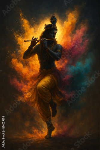 Krishna dancing with flute surrounded by vibrant smoke and divine light during sri krishna janmashtami representing spiritual power joy devotion and artistic celebration