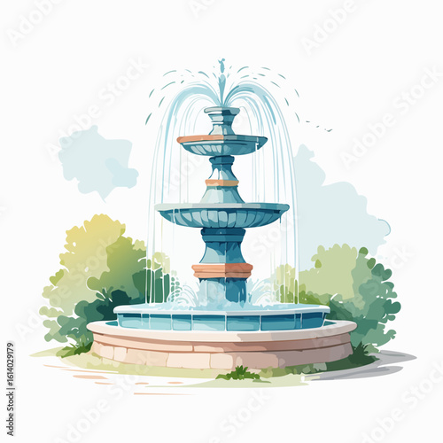 Classic three-tiered blue and terracotta water fountain with cascading water streams.