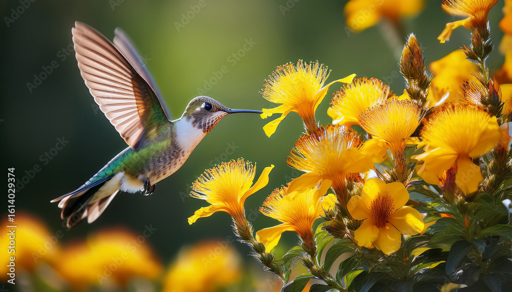 Fototapeta premium a hummingbird hovers near bright yellow flowers