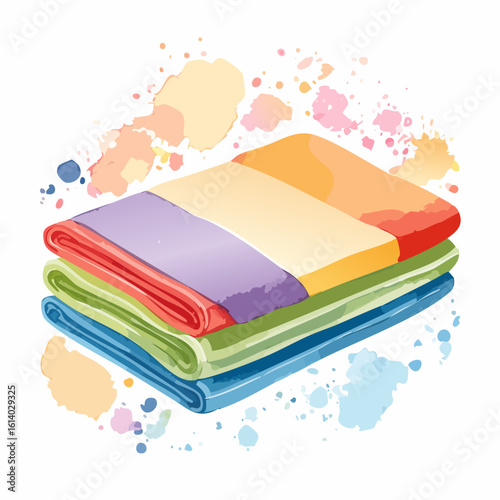 A vibrant watercolor illustration of a neat stack of colorful folded towels in red, purple, green, and blue.