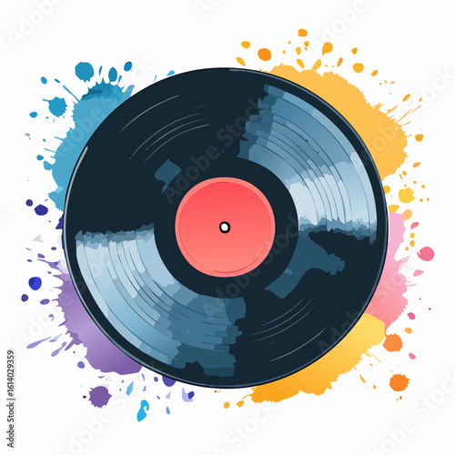 A shiny black vinyl LP record with a red center label, featuring detailed grooves and light reflections.